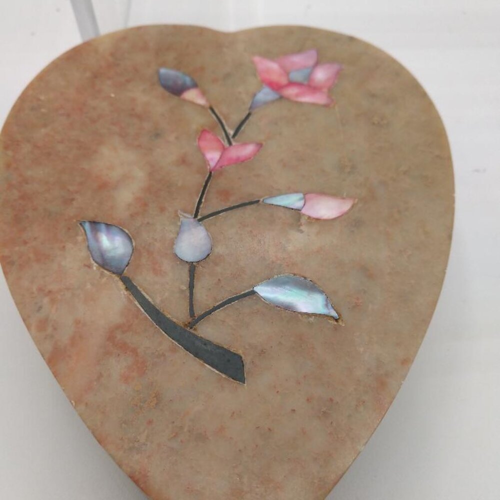 Heart Shaped Vintage Stone Trinket Box Made in India with mother of pearl inlay